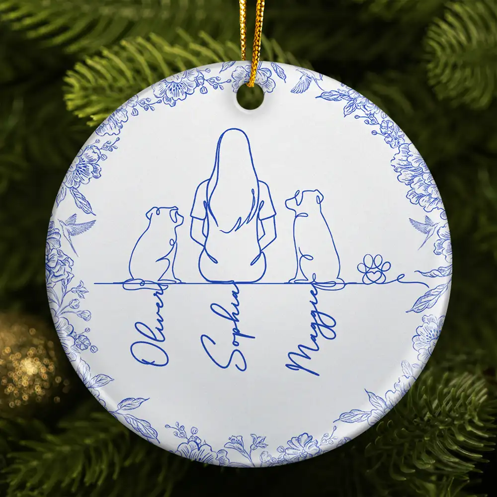 Sentimental,Christmas,Pet Lovers,Memorial,Vector - Woman Sitting With Pets Line Art - Personalized Circle Ceramic Ornament