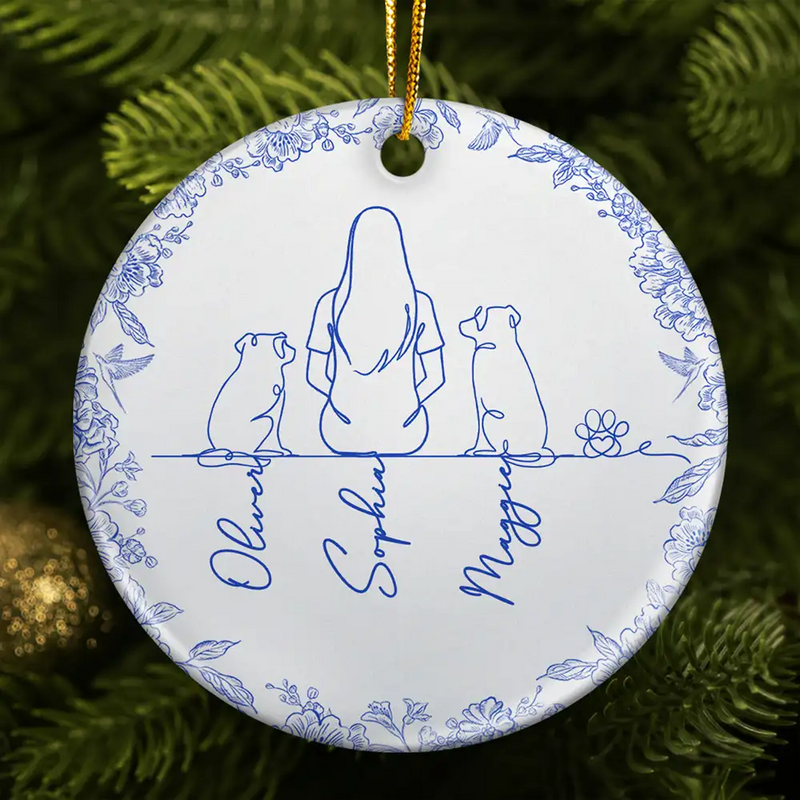 Sentimental,Christmas,Pet Lovers,Memorial,Vector - Woman Sitting With Pets Line Art - Personalized Circle Ceramic Ornament