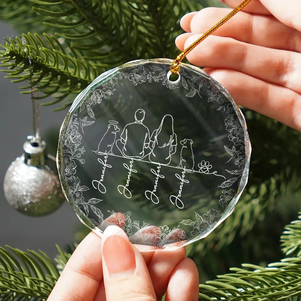 Sentimental,Christmas,Pet Lovers,Memorial,Vector - Woman Sitting With Pets Line Art - Personalized Circle Glass Ornament