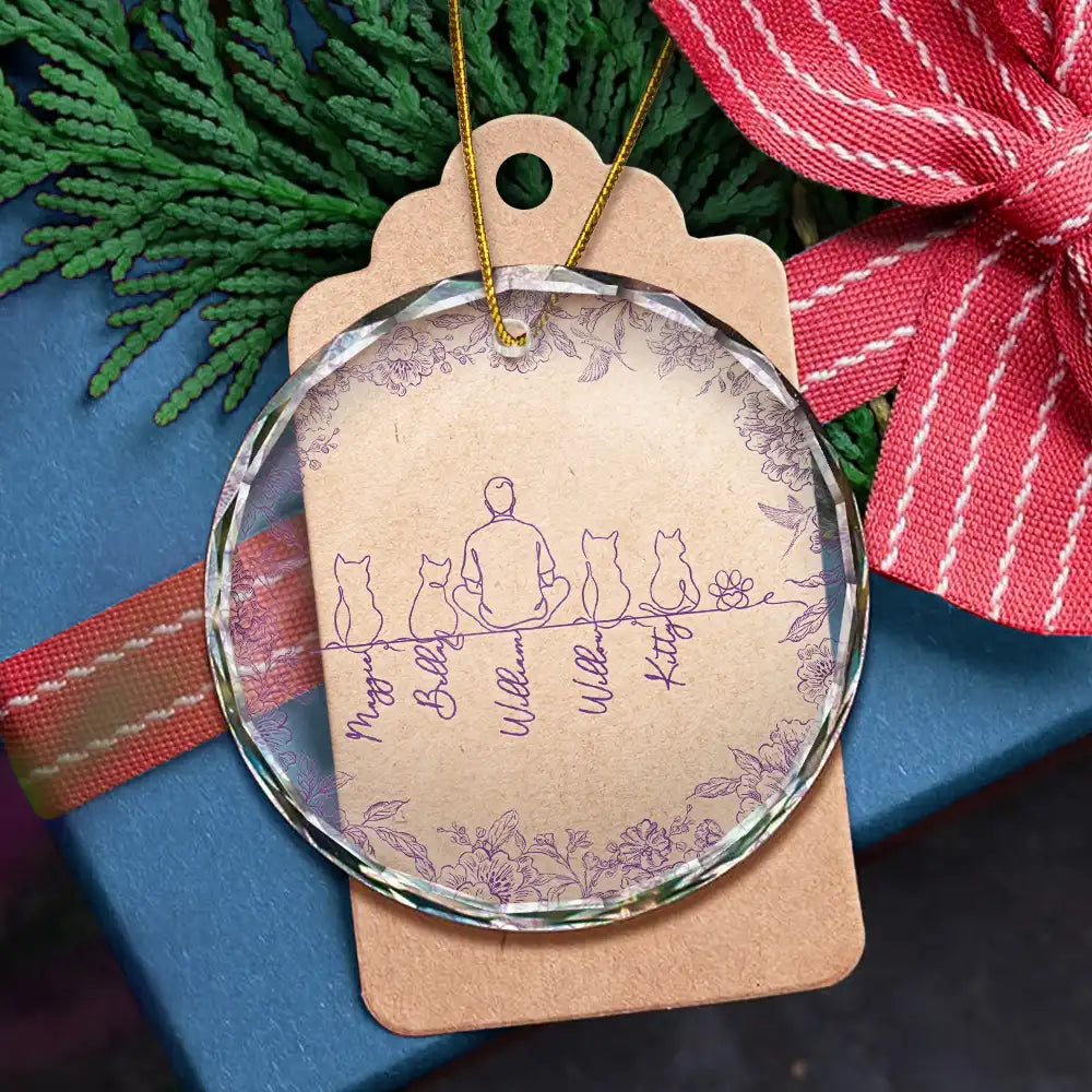 Sentimental,Christmas,Pet Lovers,Memorial,Vector - Woman Sitting With Pets Line Art - Personalized Circle Glass Ornament