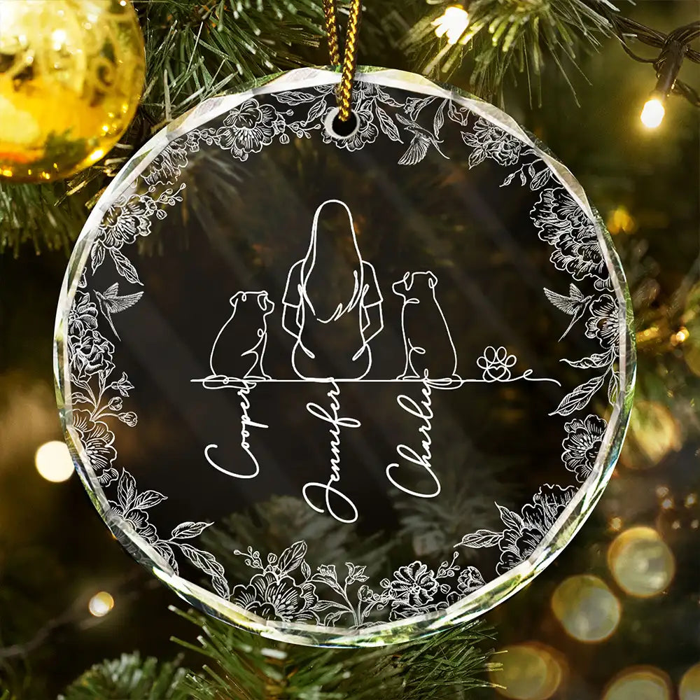 Sentimental,Christmas,Pet Lovers,Memorial,Vector - Woman Sitting With Pets Line Art - Personalized Circle Glass Ornament
