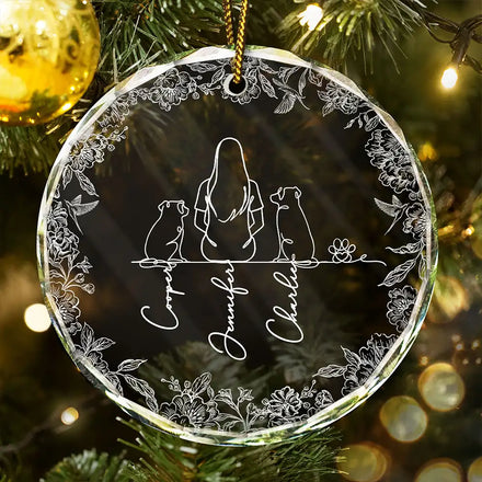 Woman Sitting With Pets Line Art - Personalized Circle Glass Ornament