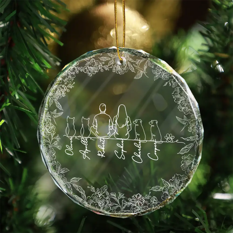 Sentimental,Christmas,Pet Lovers,Memorial,Vector - Woman Sitting With Pets Line Art - Personalized Circle Glass Ornament