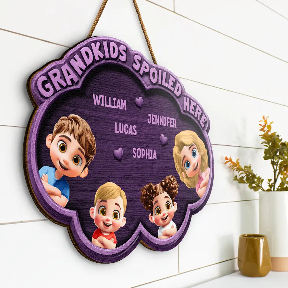 Gift For Grandma,Gift For Grandpa,Grandpa - Grandkids,Grandma - Grandkids,Gift For Women,Gift For Men,Happy - Wood Carved Effect Grandkids Spoiled Here - Personalized Custom Shaped Wood Sign