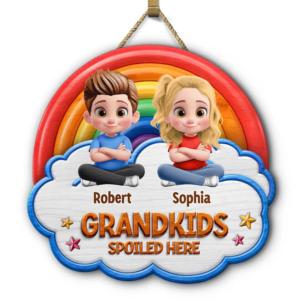 Gift For Grandma, Gift For Grandpa, Grandpa - Grandkids,Grandma - Grandkids, Gift For Women, Gift For Men, Happy - Wood Carved Effect Spoiled Grandkids Live Here - Personalized Custom Shaped Wood Sign