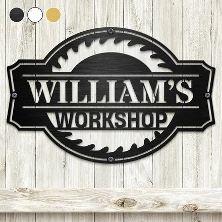 Woodshop Sign Workshop Cabin Garage - Personalized Cutout Metal Sign