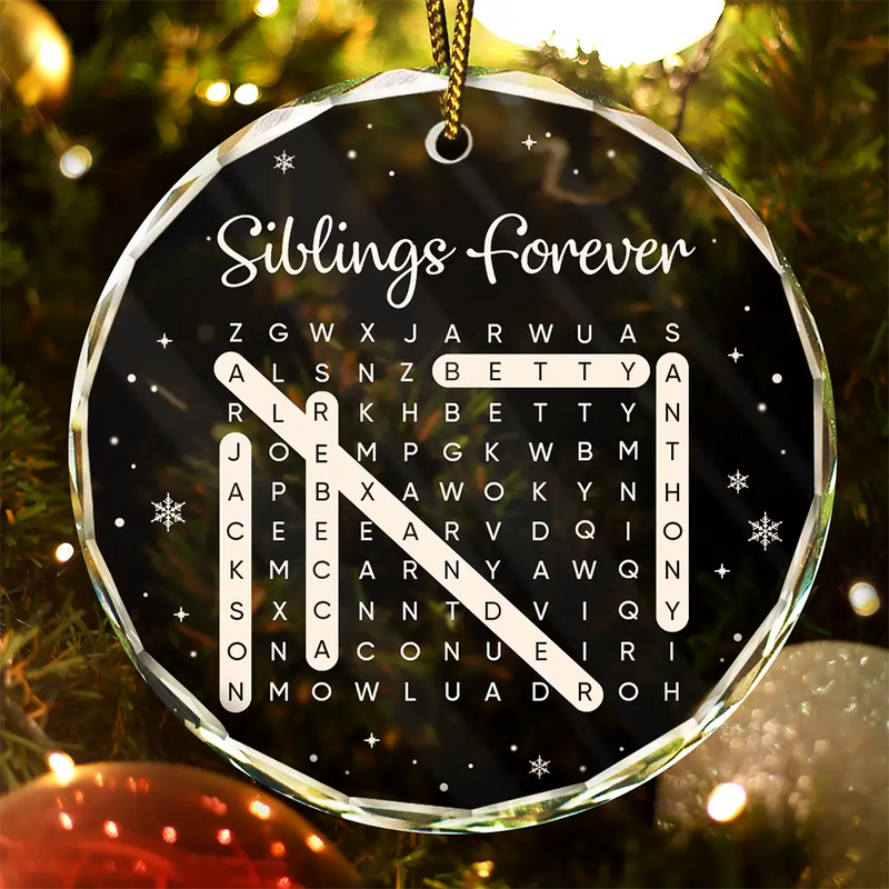 Sentimental,Christmas,Gift For Sibling,Word Search Puzzle - Word Search Puzzle Brothers & Sisters Forever Linked Together - Personalized Circle Glass Ornament