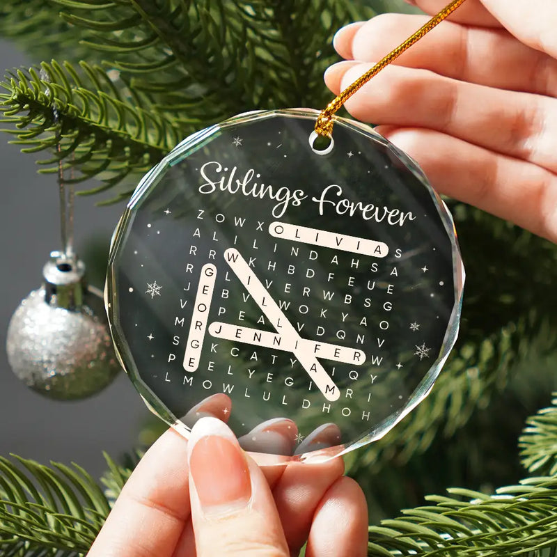 Sentimental,Christmas,Gift For Sibling,Word Search Puzzle - Word Search Puzzle Brothers & Sisters Forever Linked Together - Personalized Circle Glass Ornament