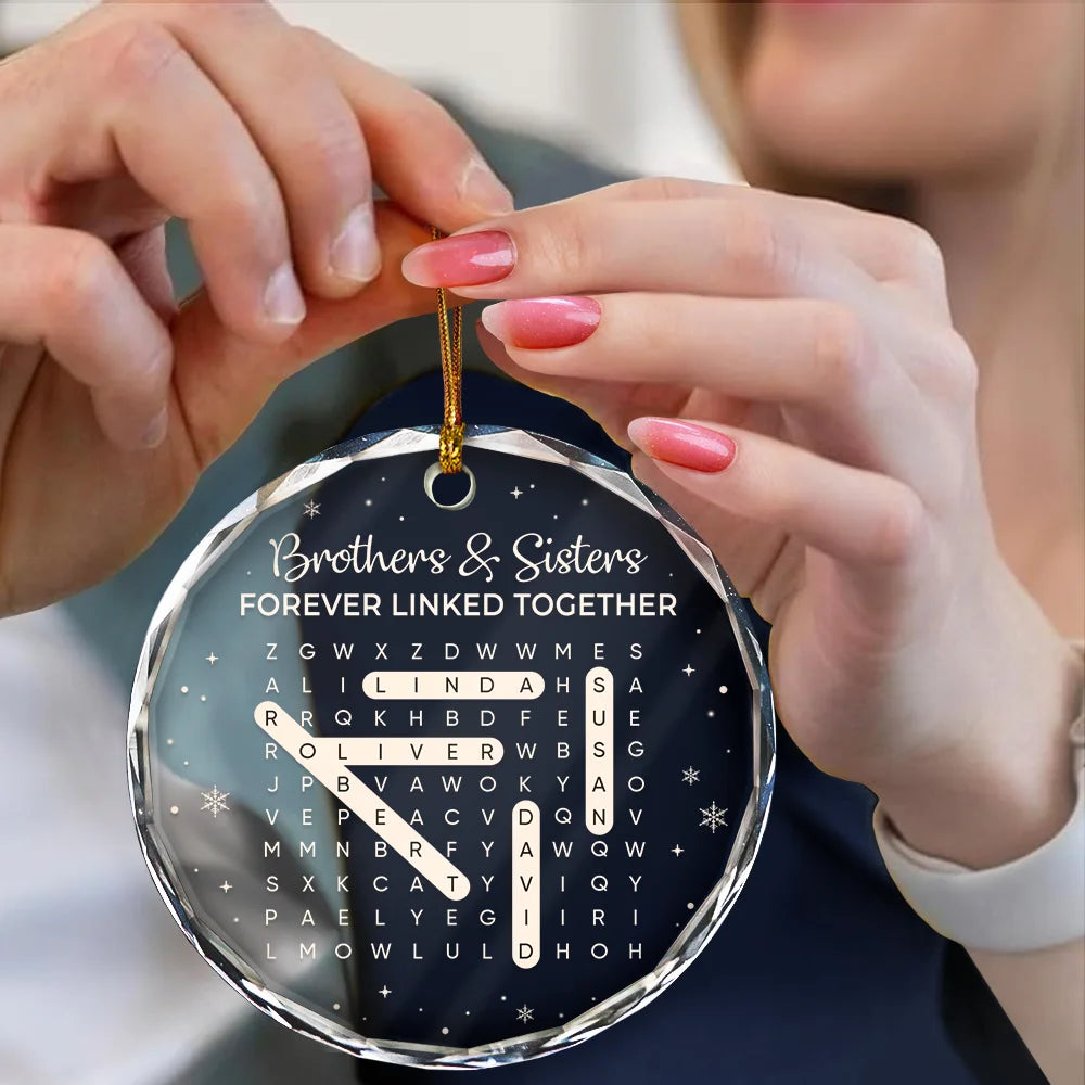 Sentimental,Christmas,Gift For Sibling,Word Search Puzzle - Word Search Puzzle Brothers & Sisters Forever Linked Together - Personalized Circle Glass Ornament