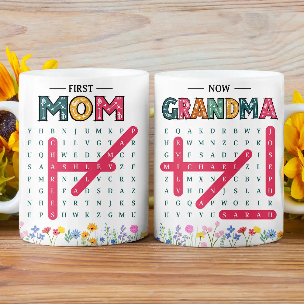Gift For Grandma,Gift For Women,Gift For Mother,Happy - Word Search Puzzle First Mom Now Grandma - Personalized White Edge-to-Edge Mug