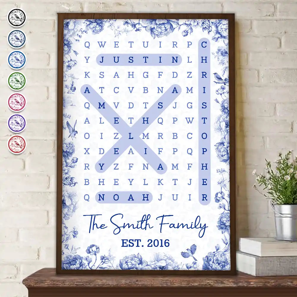 Family,Single Mom,Single Dad,LGBT,Pet Couple,Gift For Women,Gift For Men,Gift For Mother,Gift For Father,Gift For Grandparents,Happy - Word Search Puzzle Our Family Toile De Jouy - Personalized Poster