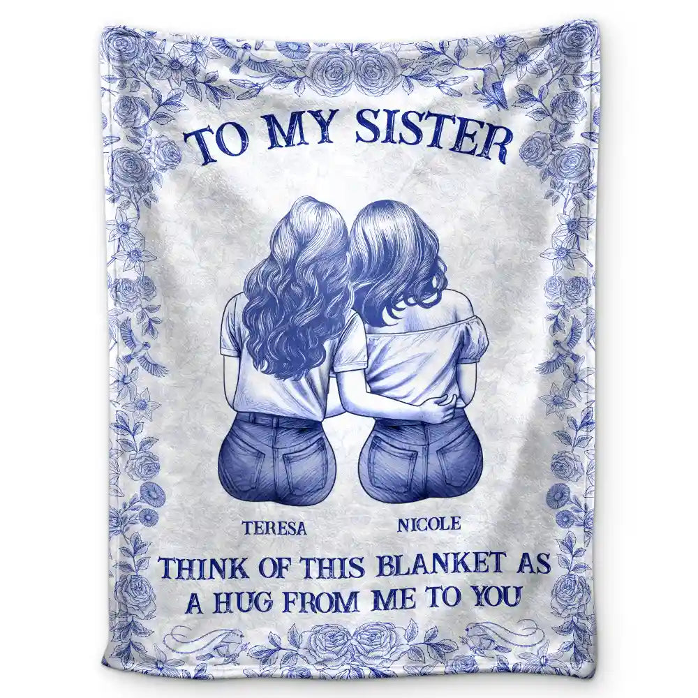 Wrap Yourself & Think As A Big Hug Toile Pattern Besties Sisters - Personalized Fleece Blanket, Sherpa Blanket
