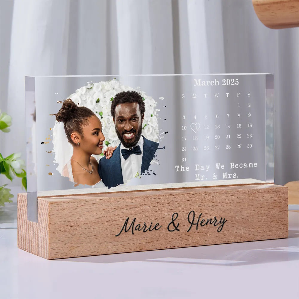 Love,Anniversary,Wedding Anniversary,Gift For Couples,Engaged,Married  - Custom Photo Calendar The Day We Became Mr & Mrs Couple Married Engaged Wedding Gift - Personalized Rectangle LED Light
