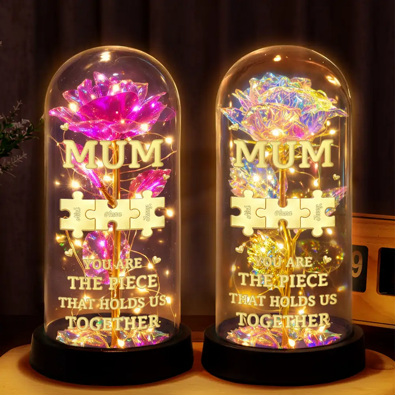 Gift For Mother,Gift For Grandma - 3D Metal Effect Mom You Are The Piece That Holds Us Together - Personalized Everlasting Rose Dome Lamp