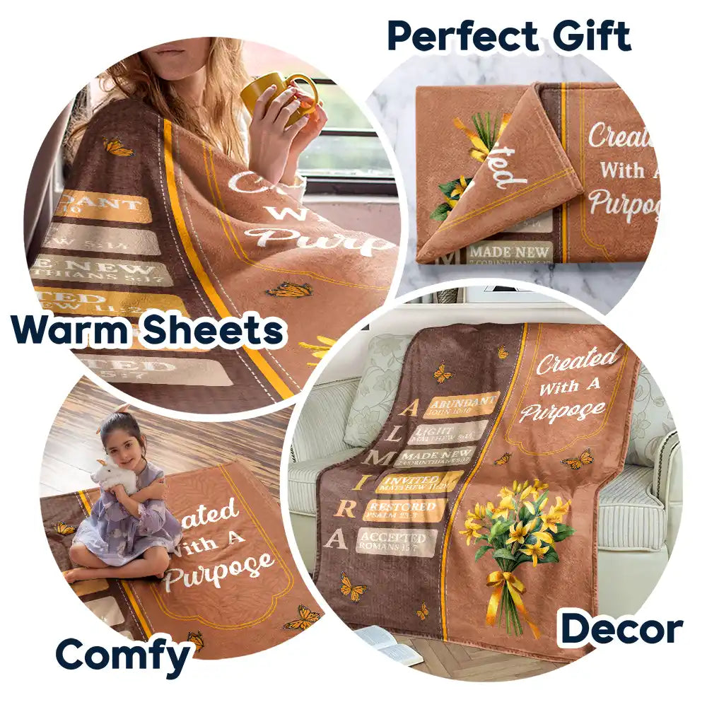 Gift For Wife,Gift For Girlfriend,Gift For Yourself,Gift For Women,Gift For Aunt,Gift For Mother,Gift For Grandma,Gift For Daughter,Gift For Sisters,Gift For Bestie,Happy,Christian,Icon - Created With A Purpose Birth Month Flower - Personalized Fleece Blanket, Sherpa Blanket