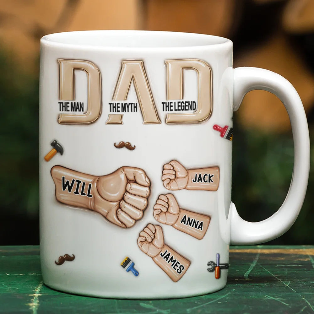 Gift For Father,Top Market,Afro Dad,Non-Eng,Icon,Confident - 3D Inflated Effect Ceramic Hand Punch Dad The Man The Myth The Legend - Personalized White Edge-to-Edge Mug