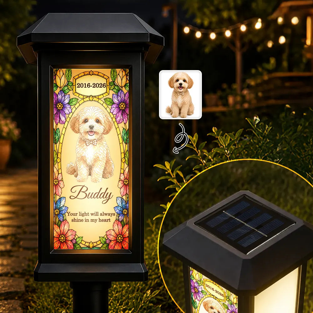 Top Market,Art Design,Christmas,Sympathetic,Pet Lovers,Memorial,Photo - Stained Glass - Custom Photo Stained Glass Memorial Dog Cat Pet Your Light Will Always Shine In My Heart - Personalized Solar Garden Light