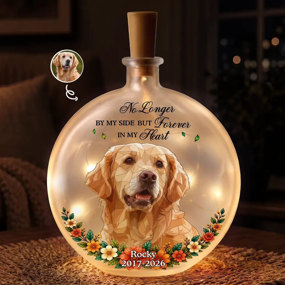 Custom Photo Stained Glass Memorial Pet Forever In My Heart Always Loved - Personalized Round Flat Bottle Light
