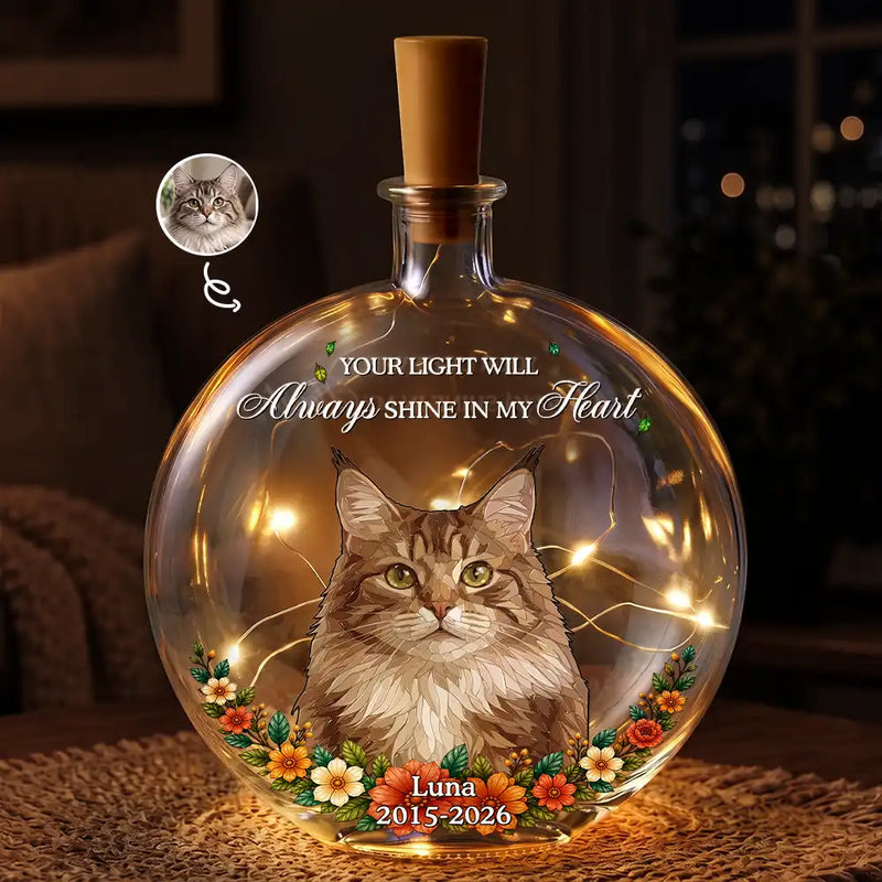 Art Design,Christmas,Pet Memorial,Sympathetic,Pet Lovers,Memorial,Photo - Stained Glass - Custom Photo Stained Glass Memorial Pet Forever In My Heart Always Loved - Personalized Round Flat Bottle Light