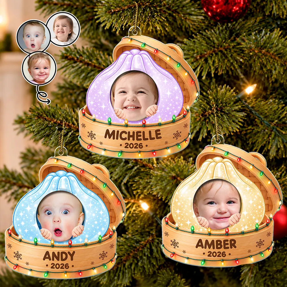 Playful, Christmas, Custom Photo, Gift For Kids, Cut-Face Photo - Custom Photo Cute Kid In Squishy Dumpling Steamer Basket Gift For Kids - Personalized Custom Shaped Acrylic Ornament