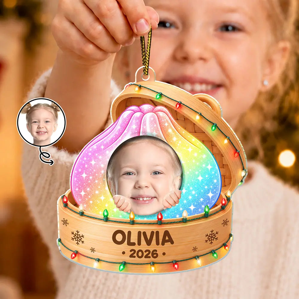 Playful, Christmas, Custom Photo, Gift For Kids, Cut-Face Photo - Custom Photo Cute Kid In Squishy Dumpling Steamer Basket Gift For Kids - Personalized Custom Shaped Acrylic Ornament