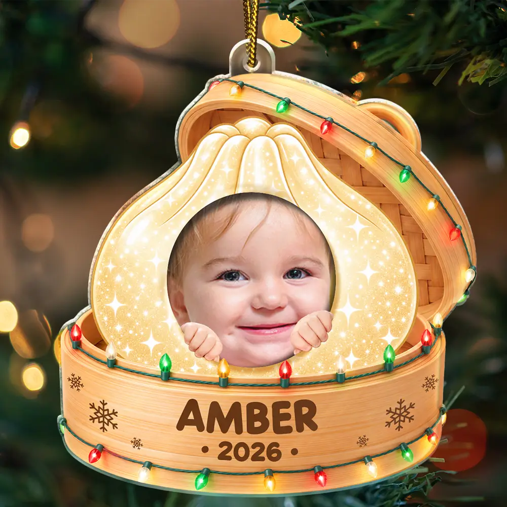 Playful, Christmas, Custom Photo, Gift For Kids, Cut-Face Photo - Custom Photo Cute Kid In Squishy Dumpling Steamer Basket Gift For Kids - Personalized Custom Shaped Acrylic Ornament