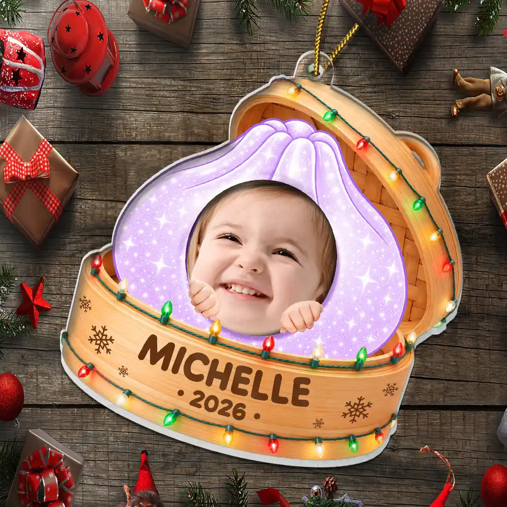 Playful, Christmas, Custom Photo, Gift For Kids, Cut-Face Photo - Custom Photo Cute Kid In Squishy Dumpling Steamer Basket Gift For Kids - Personalized Custom Shaped Acrylic Ornament