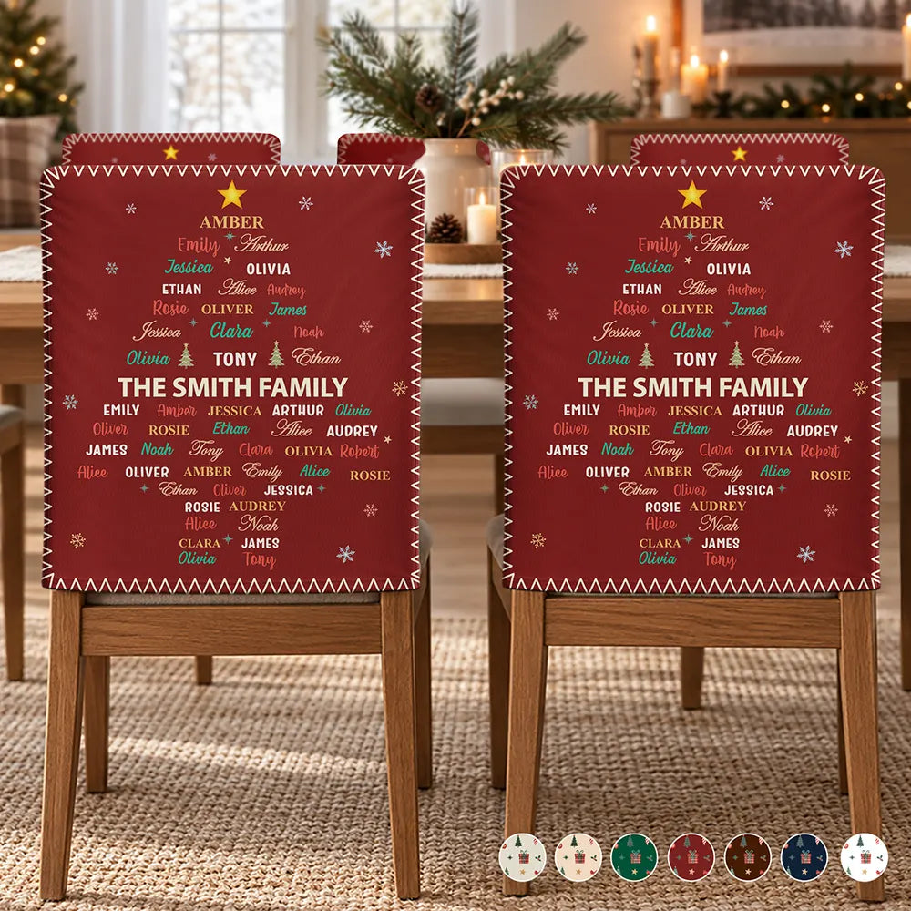 Christmas,Family,Custom Text,Happy - Family Name Tree Bell Star Shape Christmas Table Decor - Personalized Chair Back Cover