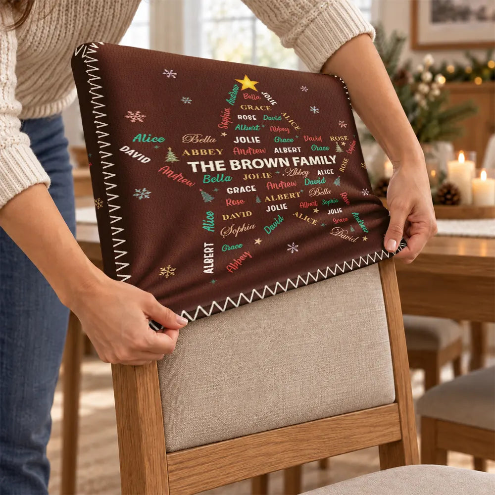 Christmas,Family,Custom Text,Happy - Family Name Tree Bell Star Shape Christmas Table Decor - Personalized Chair Back Cover