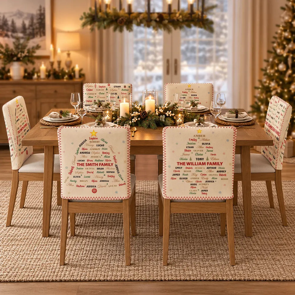Christmas,Family,Custom Text,Happy - Family Name Tree Bell Star Shape Christmas Table Decor - Personalized Chair Back Cover