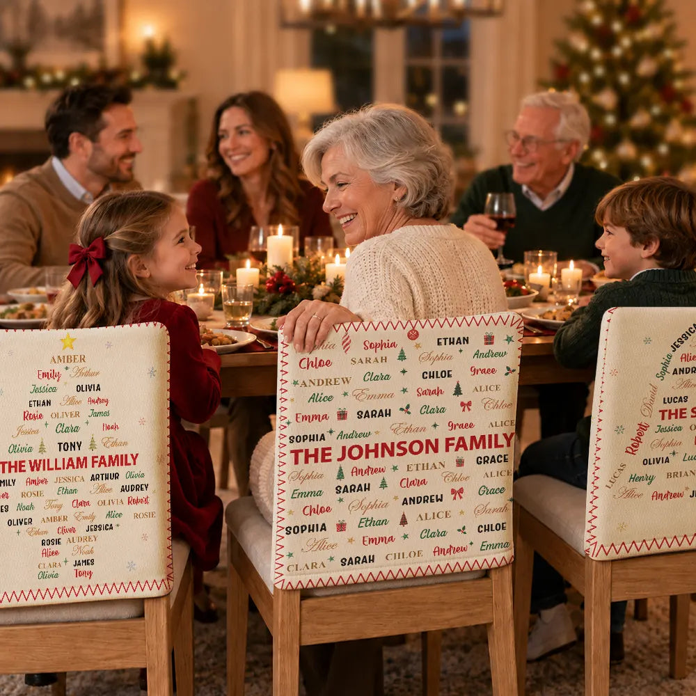 Christmas,Family,Custom Text,Happy - Family Name Tree Bell Star Shape Christmas Table Decor - Personalized Chair Back Cover