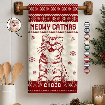 Christmas Gift For Pet Lovers - Personalized Custom Photo Knit Line Art Pet Portrait Kitchen Towel