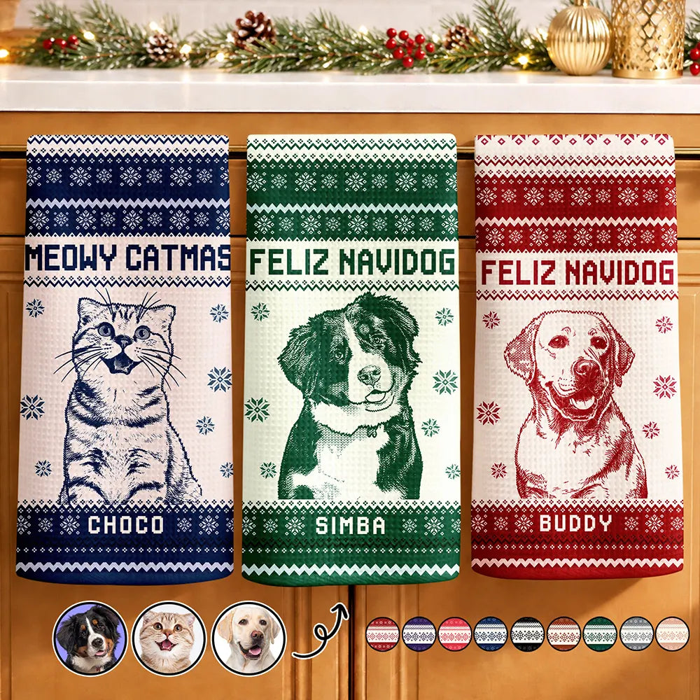Art Design, Christmas, Custom Photo, Happy, Pet Lovers, Photo -  Knit-Style Line Art - Christmas Gift For Pet Lovers - Personalized Custom Photo Knit Line Art Pet Portrait Kitchen Towel