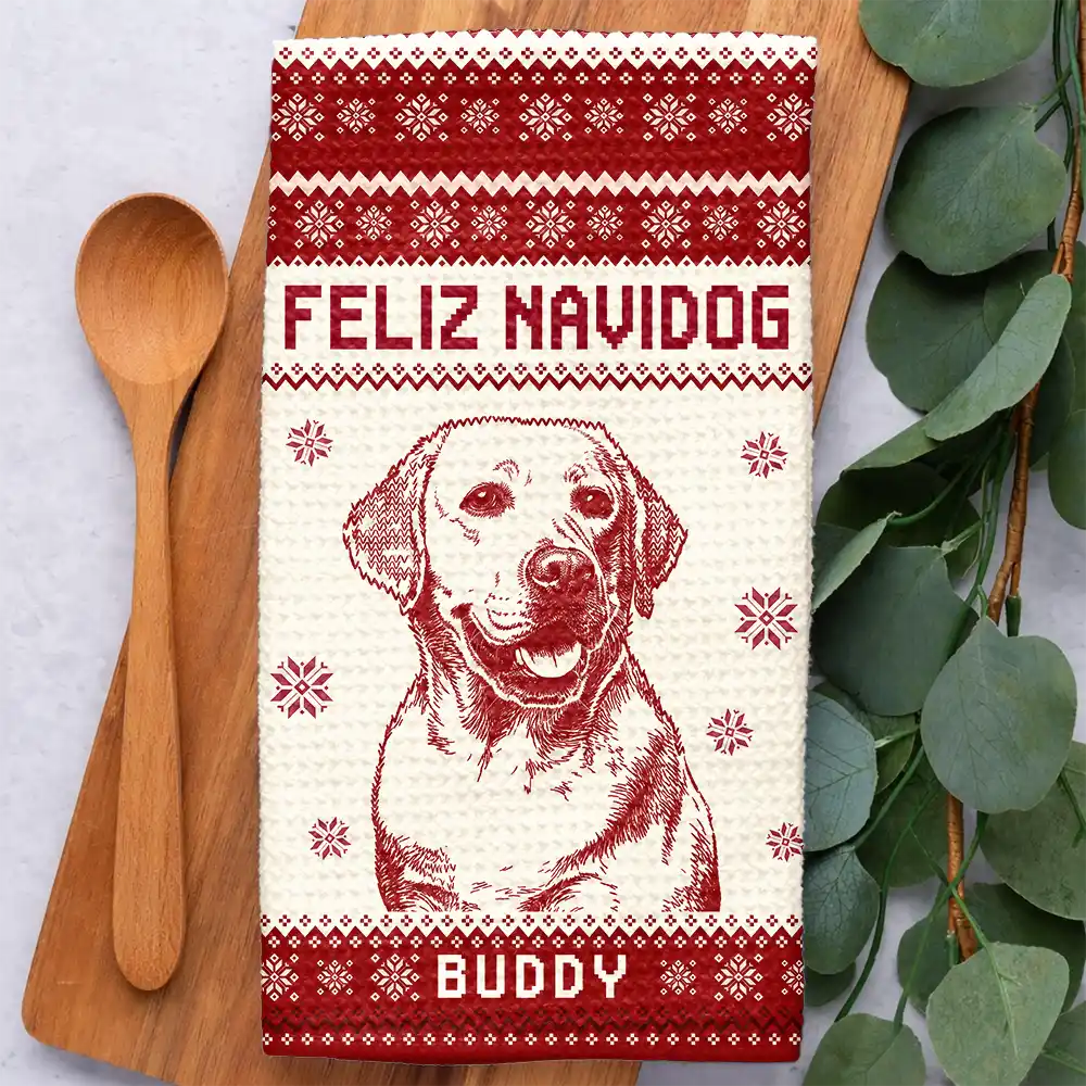 Art Design, Christmas, Custom Photo, Happy, Pet Lovers, Photo -  Knit-Style Line Art - Christmas Gift For Pet Lovers - Personalized Custom Photo Knit Line Art Pet Portrait Kitchen Towel
