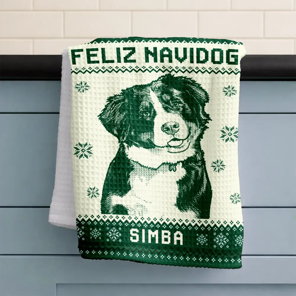 Art Design, Christmas, Custom Photo, Happy, Pet Lovers, Photo -  Knit-Style Line Art - Christmas Gift For Pet Lovers - Personalized Custom Photo Knit Line Art Pet Portrait Kitchen Towel
