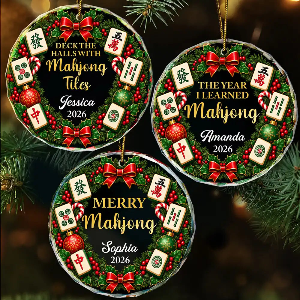 Christmas,Confident,Custom Text,Gift For Women,Gift For Yourself,Gifts For Her,Top Market - Christmas Gift For Mahjong Lovers - Personalized Merry Mahjong Circle Glass Ornament