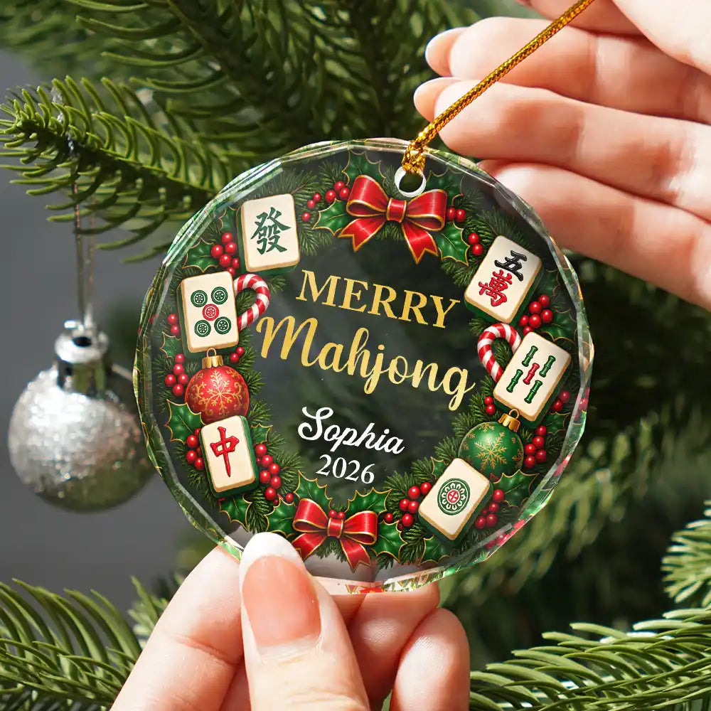 Christmas,Confident,Custom Text,Gift For Women,Gift For Yourself,Gifts For Her,Top Market - Christmas Gift For Mahjong Lovers - Personalized Merry Mahjong Circle Glass Ornament
