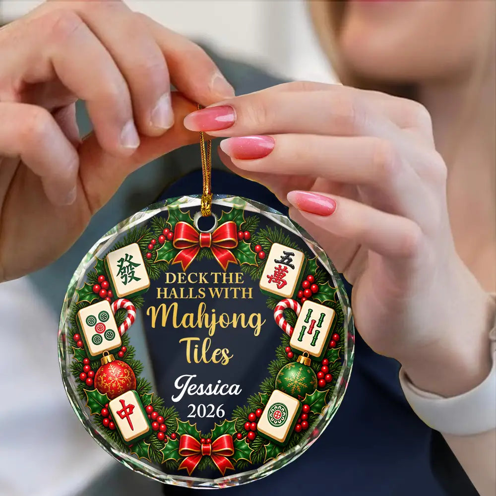 Christmas,Confident,Custom Text,Gift For Women,Gift For Yourself,Gifts For Her,Top Market - Christmas Gift For Mahjong Lovers - Personalized Merry Mahjong Circle Glass Ornament