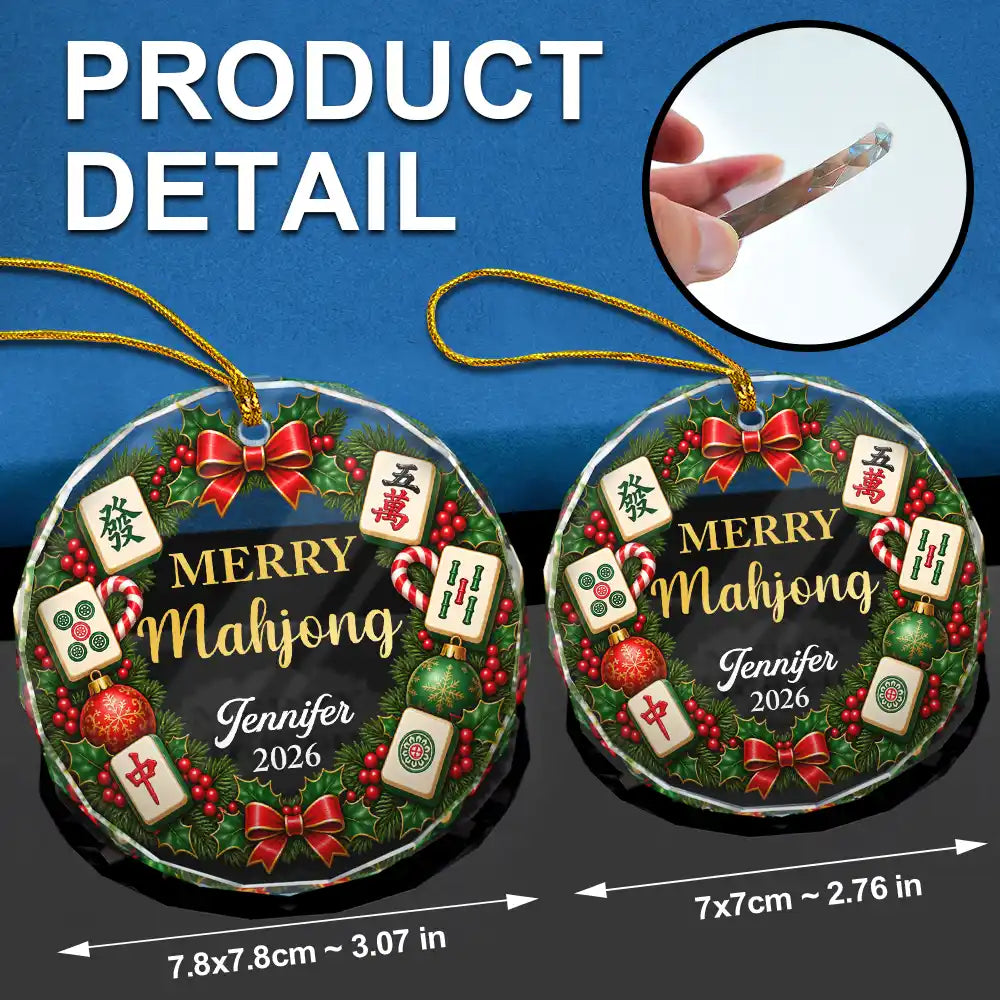 Christmas,Confident,Custom Text,Gift For Women,Gift For Yourself,Gifts For Her,Top Market - Christmas Gift For Mahjong Lovers - Personalized Merry Mahjong Circle Glass Ornament