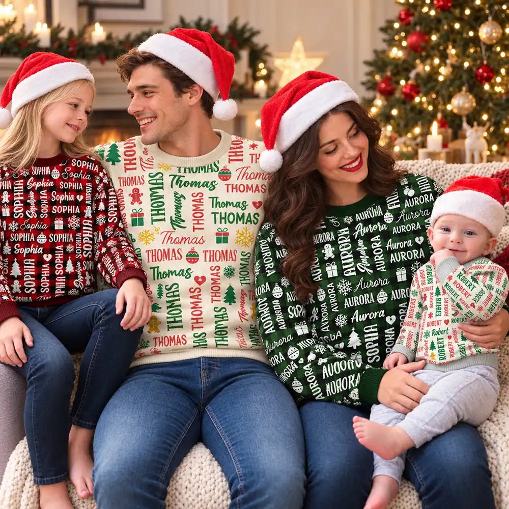 Christmas,Custom Text,Family,Happy - Matching Christmas Gift For Family - Personalized Member Names Unisex Ugly Sweater