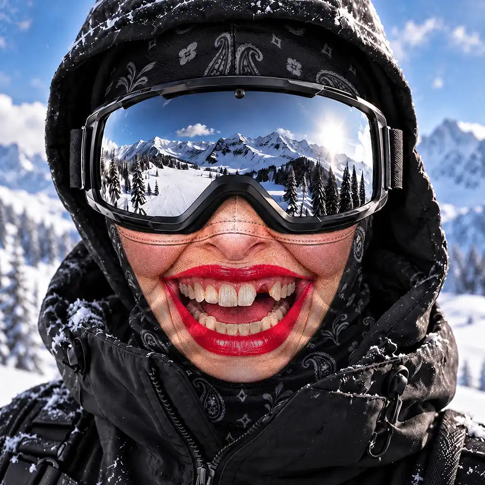 Christmas, Humorous, Icon, Skiing - Winter Skiing Gag Gift For Friends, Matching Gear For Couple - Personalized 3D Realistic Funny Face Printed Balaclava Face Mask