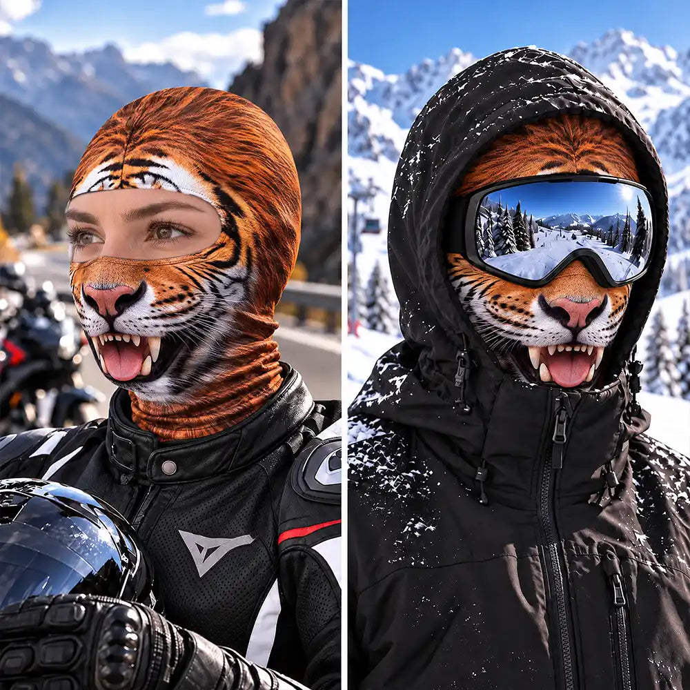 Christmas,Humorous,Icon,Motorcycle - Winter Skiing Gag Gift For Friends, Family Matching Gear - Personalized 3D Realistic Animal Funny Face Balaclava Face Mask