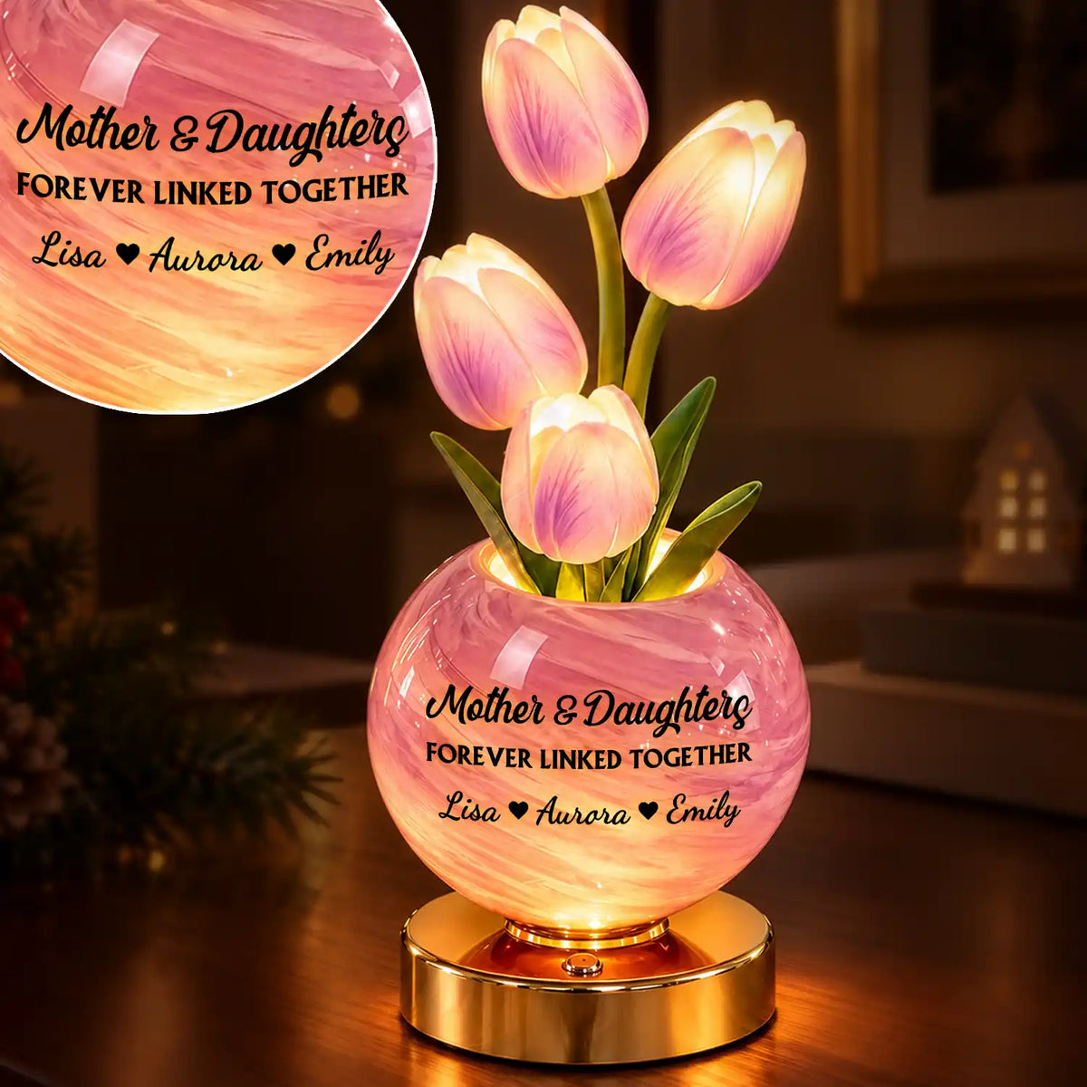 Christmas,Custom Text,Gift For Mother,Gifts For Her,Indoor Decor,Sentimental - Christmas Home Bedside Cozy Decor Gift For Mom From Daughter, Mother Daughter - Personalized With Name And Message Tulip LED Night Light