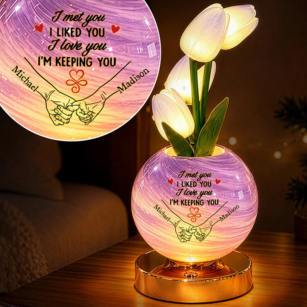 To My Wife, Girlfriend Anniversary Christmas Home Decor Gift - Personalized Pinky Promise Tulip LED Night Light