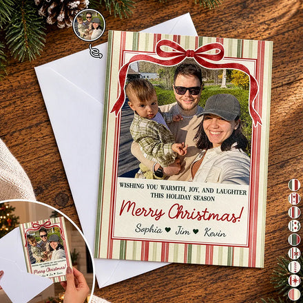 Merry Christmas, Happy Holidays Gift For Family, Grandparents, Friends - Personalized Custom Photo Coquette Bow Stripes Cards