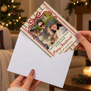 Christmas,Custom Photo,Family,Sentimental,Upload Full Photo - Merry Christmas, Happy Holidays Gift For Family, Grandparents, Friends - Personalized Custom Photo Coquette Bow Stripes Cards