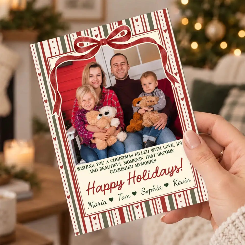 Christmas,Custom Photo,Family,Sentimental,Upload Full Photo - Merry Christmas, Happy Holidays Gift For Family, Grandparents, Friends - Personalized Custom Photo Coquette Bow Stripes Cards