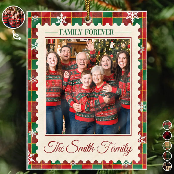 Christmas,Custom Photo,Family,Sentimental,Upload Full Photo - Christmas Gifts For Family - Personalized Custom Photo Family Name Plaid Pattern Acrylic Ornament