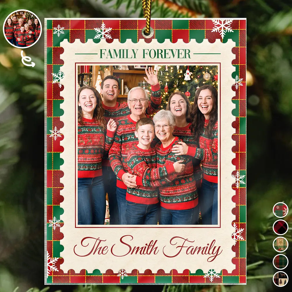 Christmas,Custom Photo,Family,Sentimental,Upload Full Photo - Christmas Gifts For Family - Personalized Custom Photo Family Name Plaid Pattern Acrylic Ornament