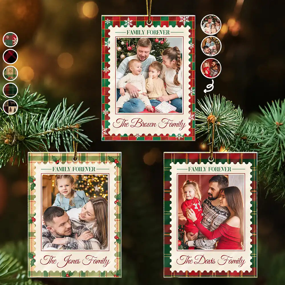 Christmas,Custom Photo,Family,Sentimental,Upload Full Photo - Christmas Gifts For Family - Personalized Custom Photo Family Name Plaid Pattern Acrylic Ornament